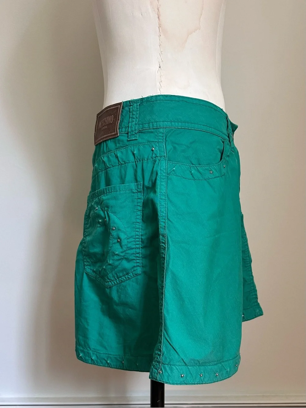 Vintage Moschino Jeans Y2K Kelly Green Skirt Studded Hearts Cotton Size 8 Medium